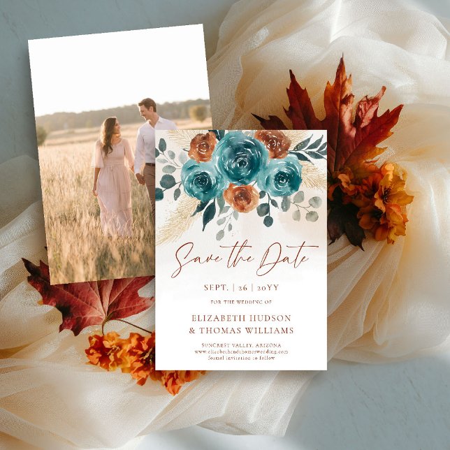 Fall Boho Terracotta Bloral Wedding Save the Date (fall wedding save the date engagement photo teal burnt orange terracotta watercolor greenery foliage)