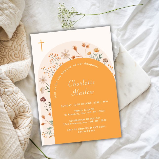 Fall Boho Wildblume Arch Cross Taufe Einladung (Fall Boho Floral Wildflower Arch Cross Baptism Invitation)