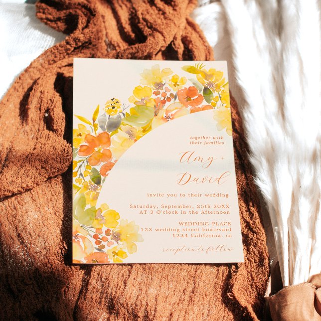 Fall boho yellow flowers script wedding einladung (Fall boho yellow flowers script wedding invitation on beige ivory)