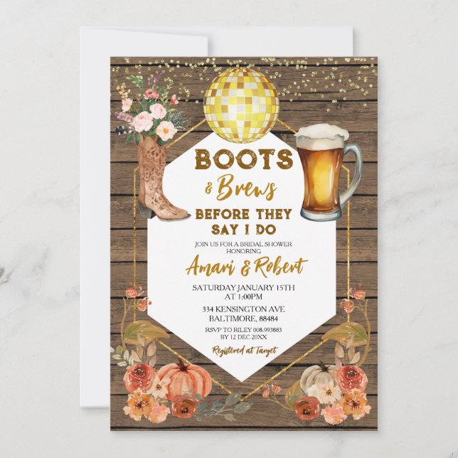 Fall Boots & Brews Western Bier Brautparty Einladung (Vorderseite)