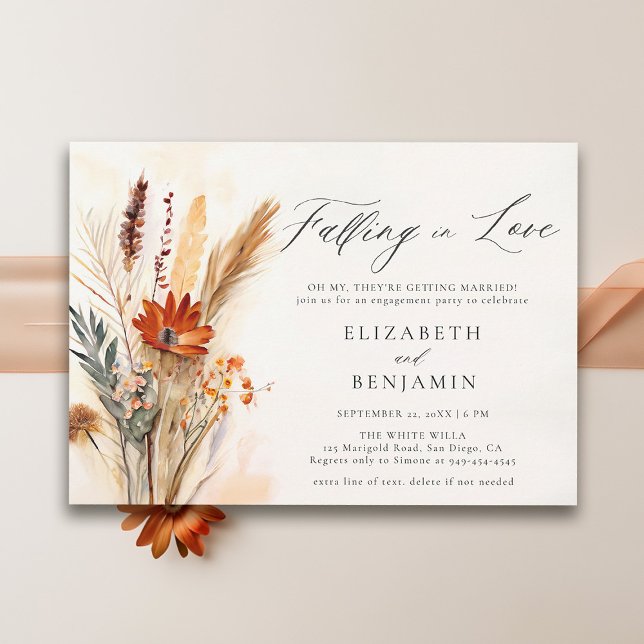 Fall Bouquet Romantische Liebe Chic Engagement Par Einladung (fall engagement party invitation falling in love floral bouquet rust burnt orange watercolor elegant)