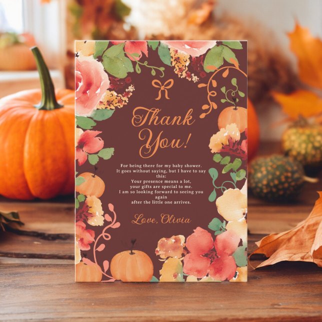 Fall Bow Boho Kürbis Blumendusche Dankeskarte (Fall Bow Boho Little pumpkin floral baby shower Thank You Card on burgundy)