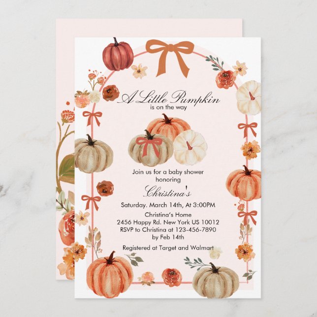 Fall Bow Boho Pumpkin Babydusche Einladung (Vorne/Hinten)