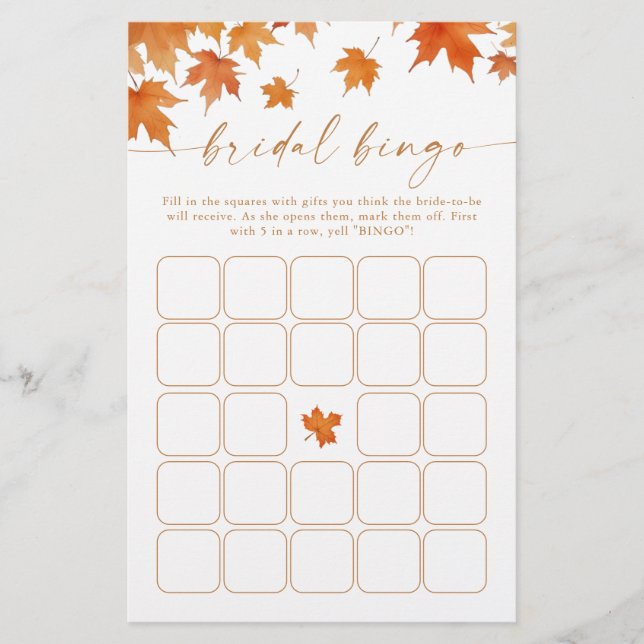 Fall Brautparty Bingo Game (Vorderseite)