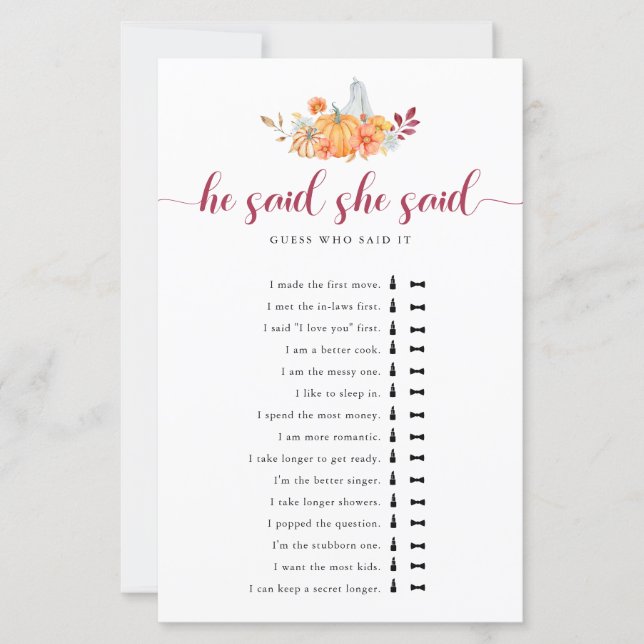 Fall Brautparty Pumpkin Er sagte, sie sagte, Spiel (Vorderseite)