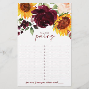 Fall Brautparty Spiel Berühmte Paare Sonnenblumen