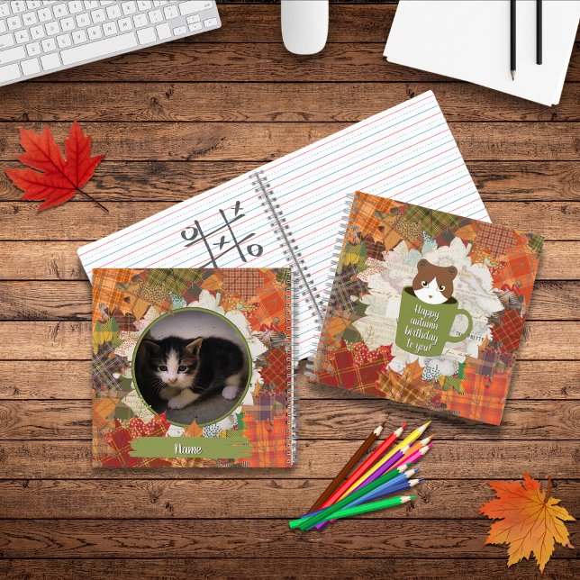 Fall Break Cat Notizbuch (Autumn Break Cat Notebooks show the front, back and inside.)