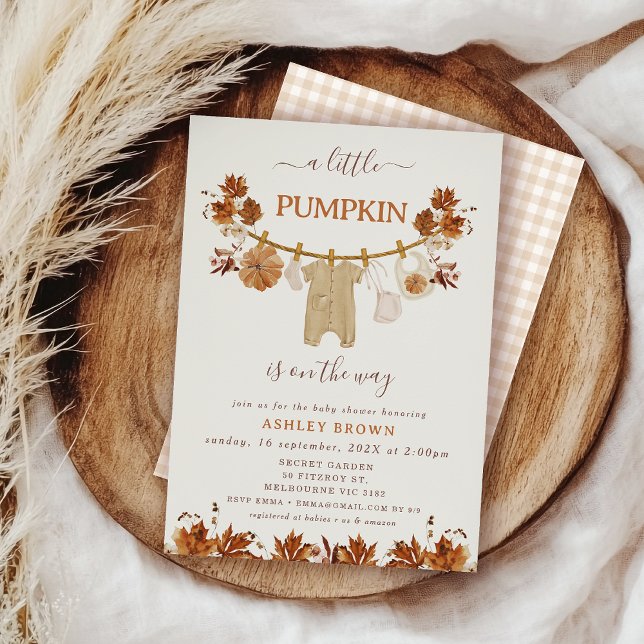 Fall Brown Beige Foliage Clothesline Babydusche Einladung (Rustic Fall Baby Shower Invitation, Fall Baby Shower Invitation With Clothesline, Autumn Baby Shower)