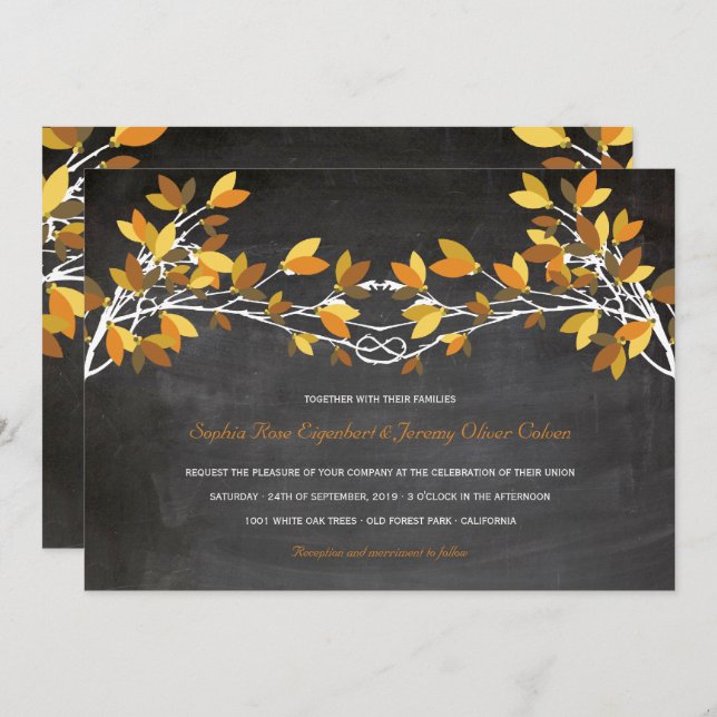 Fall Brown Knotted Liebe Trees Chalkboard Hochzeit Einladung (Vorne/Hinten)