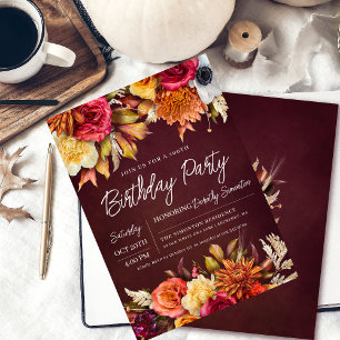 Fall Burgund Blume Chic Script 100. Geburtstag Einladung
