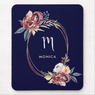 Fall Burgund Floral und Rose Gold  Marine Monogram Mousepad