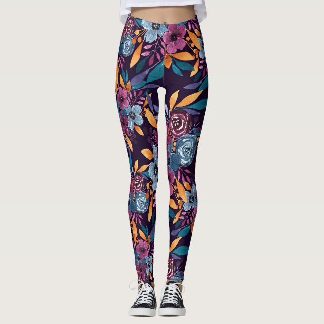 Fall Burgund Marine Mustard Wasserfarbe Blume Art Leggings (Vorderseite)