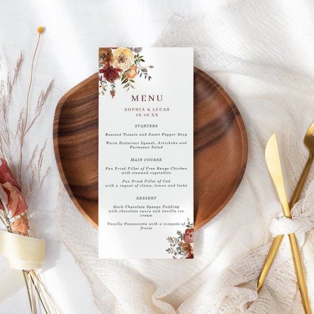 Fall Burgund & Orangefarbene Blume Hochzeit Menükarte (Von Creator hochgeladen)