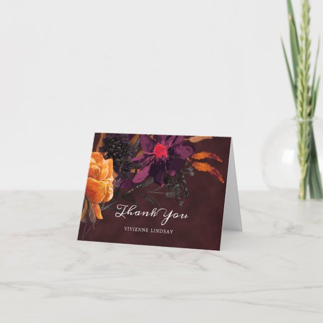 Fall Burgund Red Floral Foto Hochzeit Dankeskarte (Vorderseite)