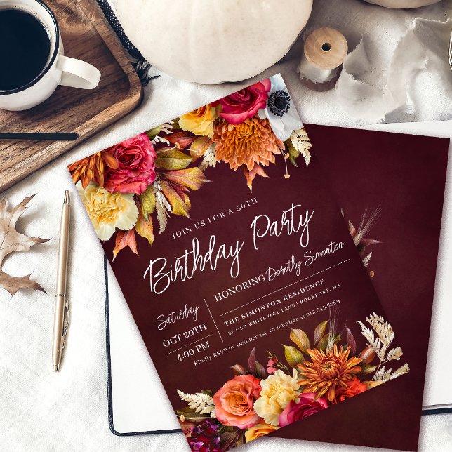 Fall Burgundy Blume Chic Script 50. Geburtstag Einladung (Von Creator hochgeladen)