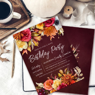 Fall Burgundy Blume Chic Script 60. Geburtstag Einladung
