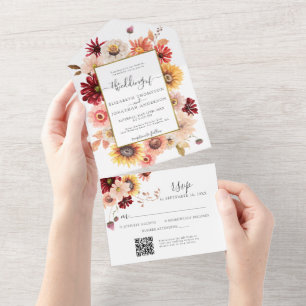 Fall Burgundy Dahlia Floral Gold QR UAWG Wedding All In One Einladung