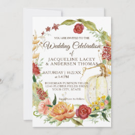 Fall Burgundy Floral White Pumpkin Wreath Wedding Einladung
