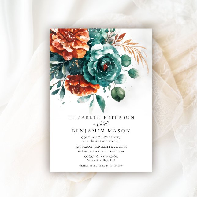 Fall Burnt Orange Aquamarine Rose Botanische Hochz Einladung (fall wedding invitation teal burnt orange terracotta watercolor bohemian floral rustic barn garden)