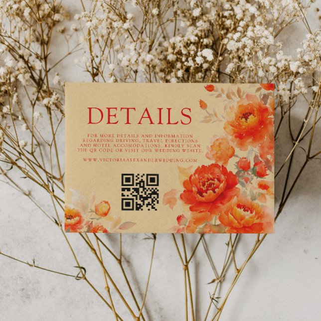 Fall Burnt Orange Floral Qr Code Hochzeitsdetails Begleitkarte (Von Creator hochgeladen)