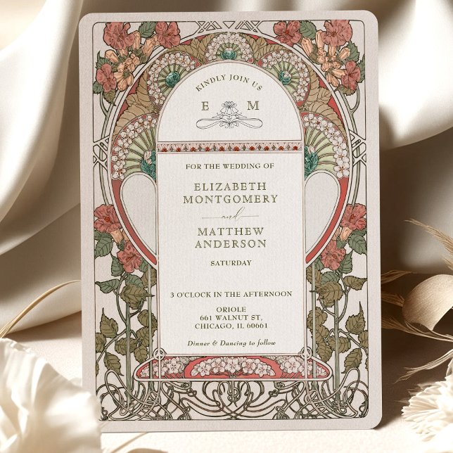 Fall Burnt Orange Gold Wedding Art Nouveau Mucha Einladung (Von Creator hochgeladen)