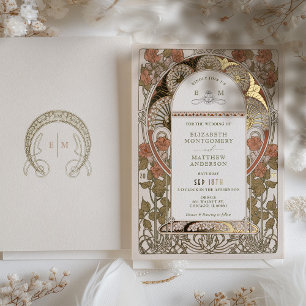 Fall Burnt Orange Gold Wedding Art Nouveau Mucha Folieneinladung