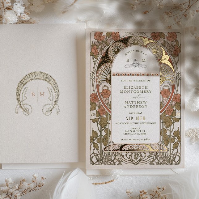 Fall Burnt Orange Gold Wedding Art Nouveau Mucha Folieneinladung (Von Creator hochgeladen)