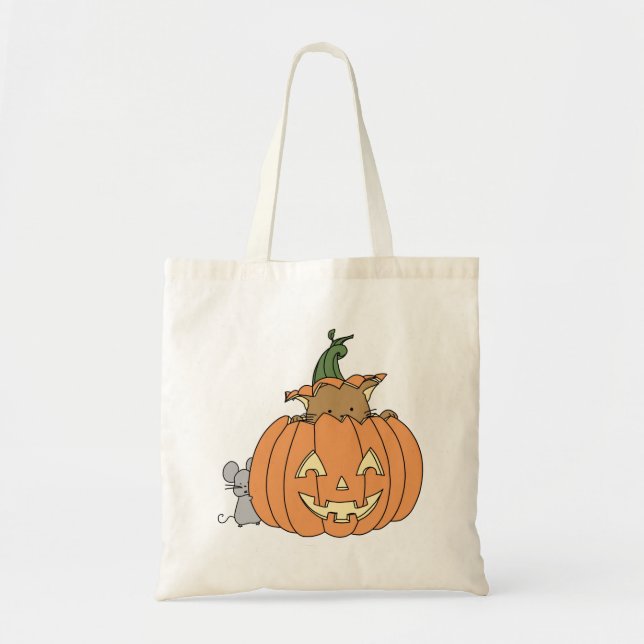 Fall Cat in Pumpkin Jack’o’lantern und Maus Tragetasche (Vorne)