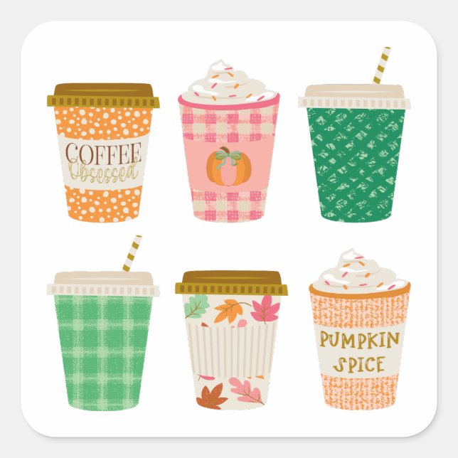 Fall Coffee Cups | Autumn Pumpkin Gewürz Latte Quadratischer Aufkleber (Vorderseite)