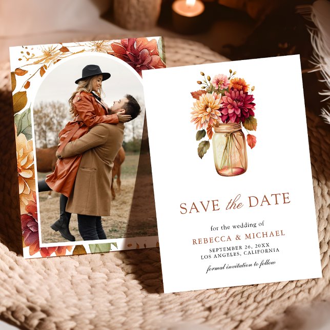 Fall Dahlia Mason Jar Foto Wedding Save The Date (Von Creator hochgeladen)