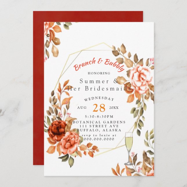Fall Dark Red Floral Bridesmaids Luncheon Einladung (Vorne/Hinten)