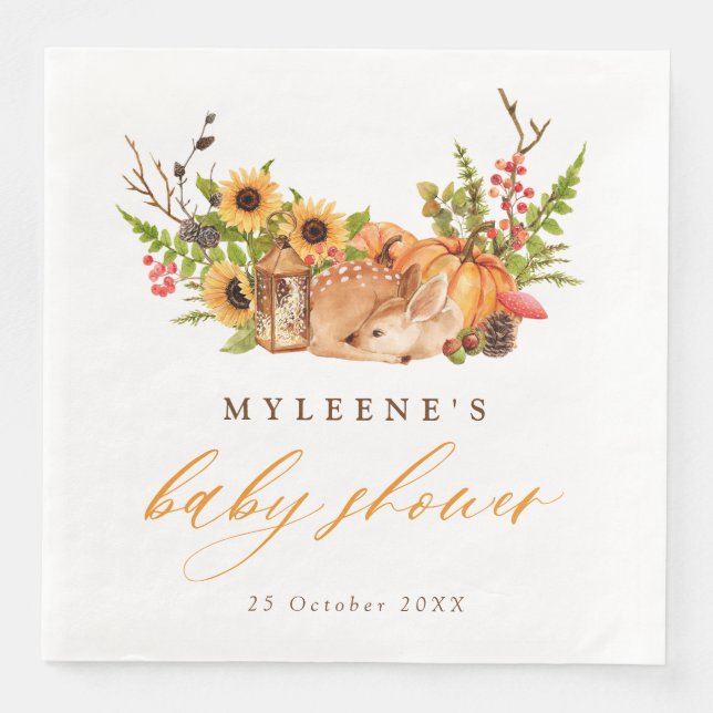 Fall Deer Pumpkin & Sunflowers Babydusche Serviette (Vorderseite)
