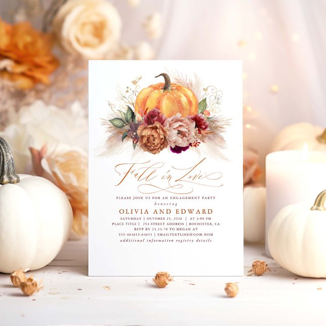 Fall der Liebe Engagement Partei Rust Blume Pumpki Einladung (Fall In Love Orange Pumpkin and Rustic Blooms Engagement Party Invitations)