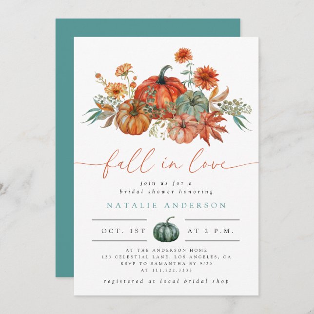 Fall der Liebe Floral Pumpkin Brautparty Einladung (Vorne/Hinten)