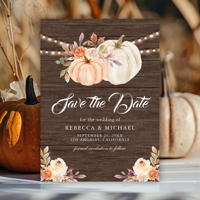 Fall Earthy Floral Pumpkin Barn Wood Wedding Save The Date (Von Creator hochgeladen)