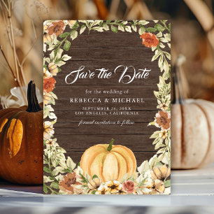 Fall Earthy Floral Pumpkin Barn Wood Wedding Save The Date