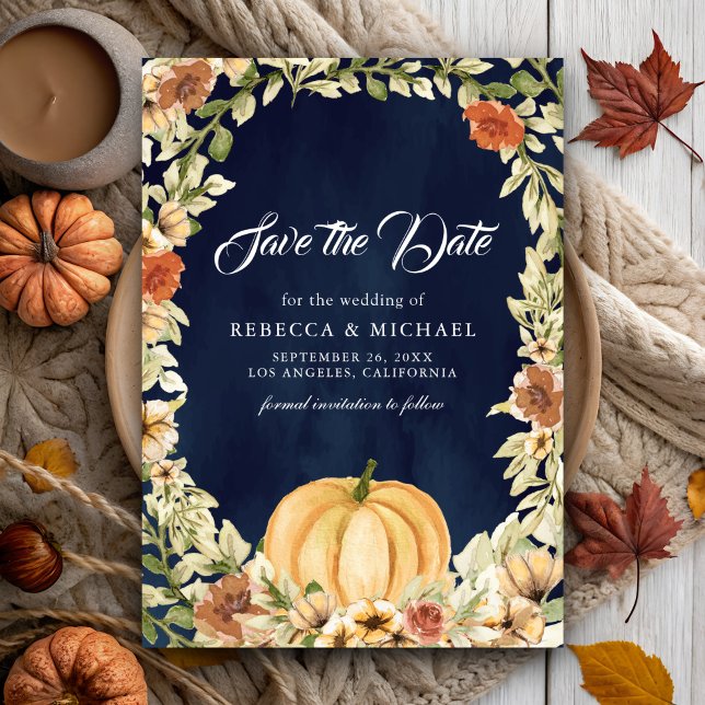 Fall Earthy Floral Pumpkin Navy Blue Wedding Save The Date (Von Creator hochgeladen)