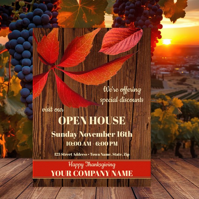 Fall Erntedank Open House Company Einladungspostkarte (Fall, autumn or Thanksgiving announcement or invitation postcard with colorful leaves on rustic wood)
