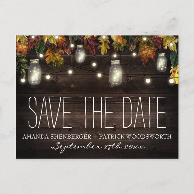 Fall Firefly Mason Jar Wedding Save the Date Cards Ankündigungspostkarte (Vorderseite)