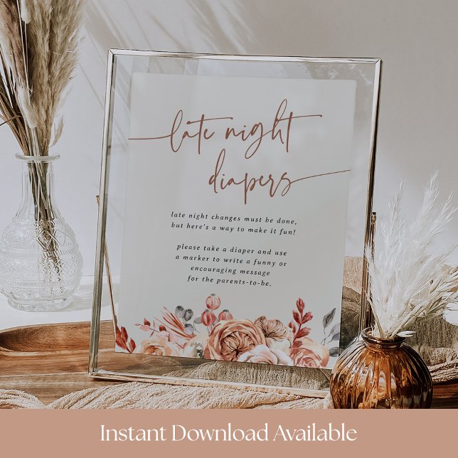 Fall Floral Baby Shower Late Night Diapers Sign Poster (Von Creator hochgeladen)