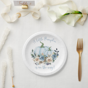 Fall Floral Blue Pumpkin Boy Baby Dusche Pappteller