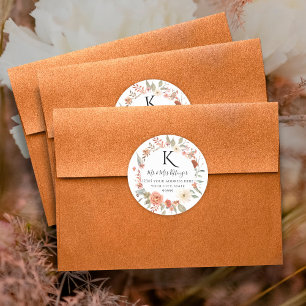 Fall Floral BOHO Herbstleaves Monogram Address C Runder Aufkleber