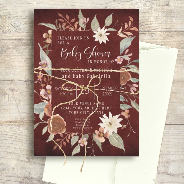 Fall Floral BOHO Script Girl Baby Shower Burgundy Einladung (Von Creator hochgeladen)
