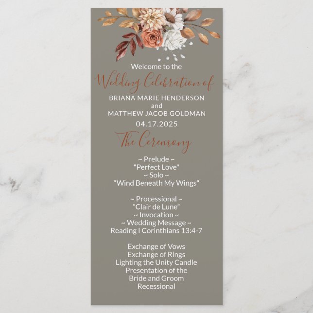 Fall Floral Bouquet Gray Wedding Program Programm (Vorderseite)