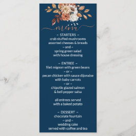 Fall Floral Bouquet Navy Blue Wedding Menu Menükarte