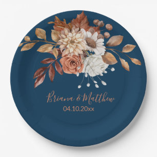Fall Floral Bouquet Navy Blue Wedding Paper Teller