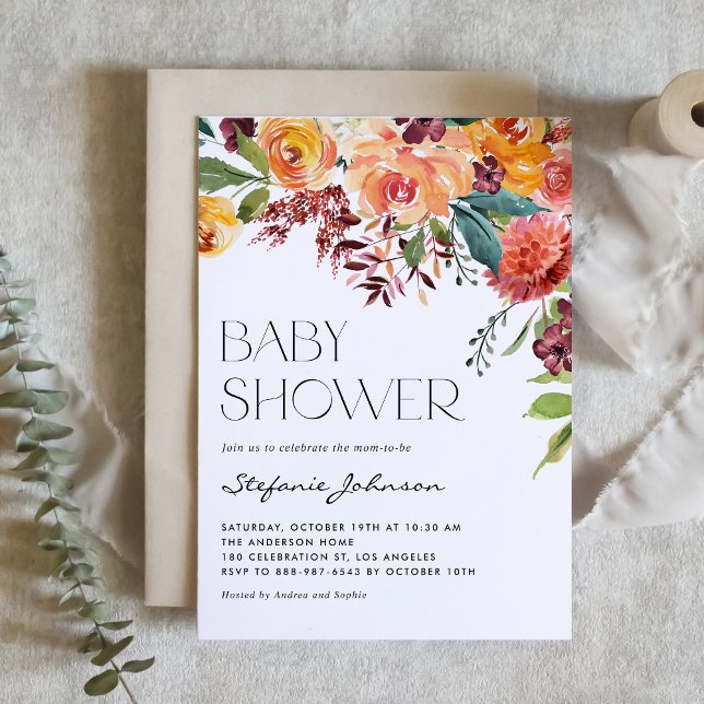 Fall Floral Bouquet QR Code Babydusche Einladung (Watercolor Fall Floral Bouquet QR Code Baby Shower Invitation)