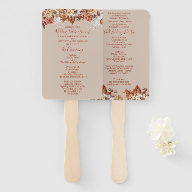 Fall Floral Bouquet Taupe Wedding Hand Fan Fächer (Vorne und Hinten)