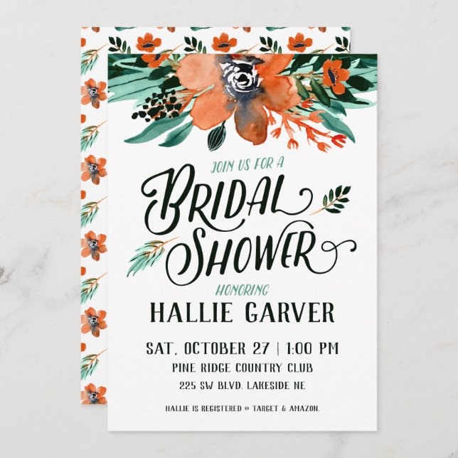 Fall Floral Bridal Dusche Einladung (Vorne/Hinten)