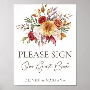 Fall Floral Brown auf White Wedge Guest Book Sign Poster